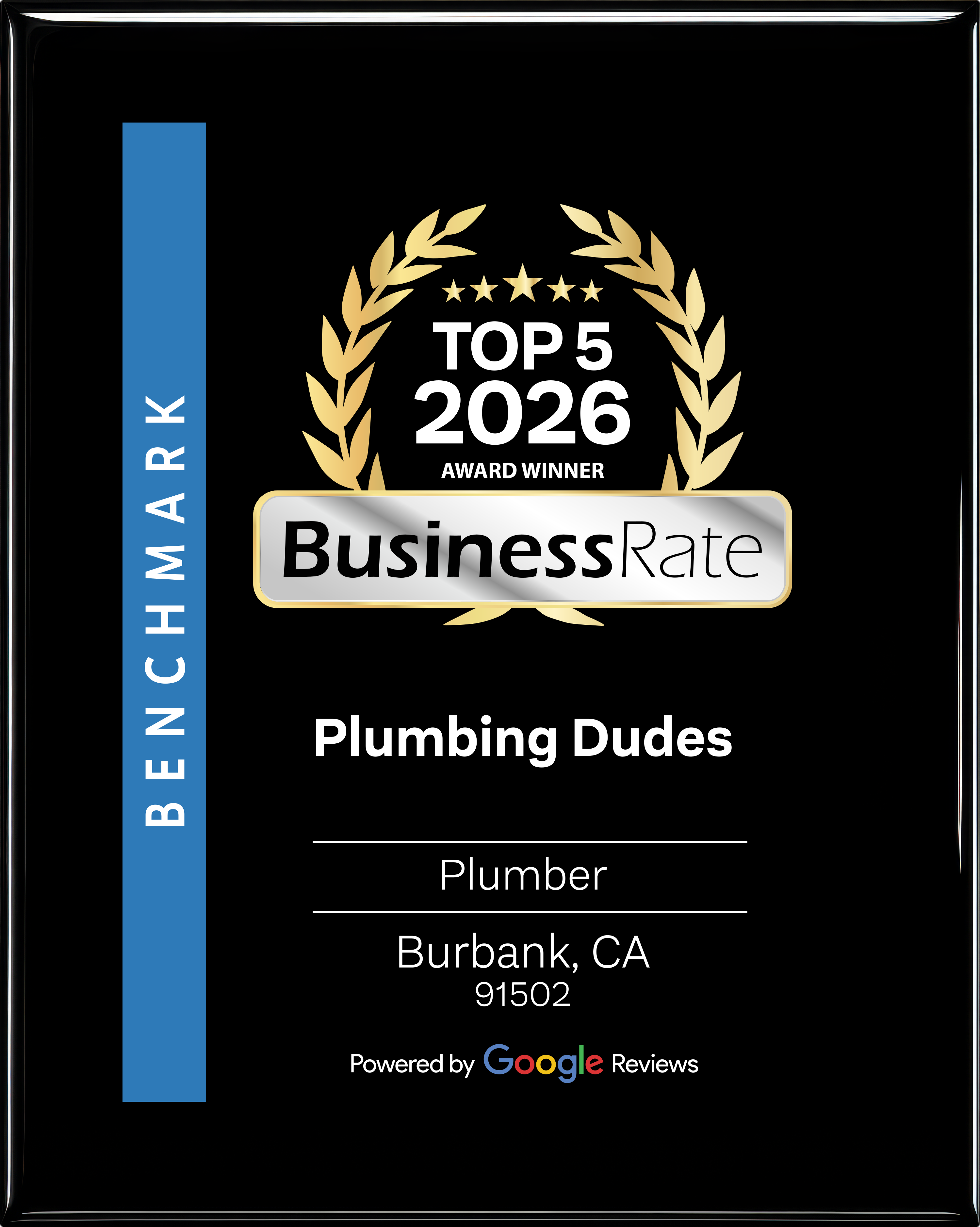 BusinessRate Top 5 2026 Award Winner plaque for Plumbing Dudes, Burbank CA